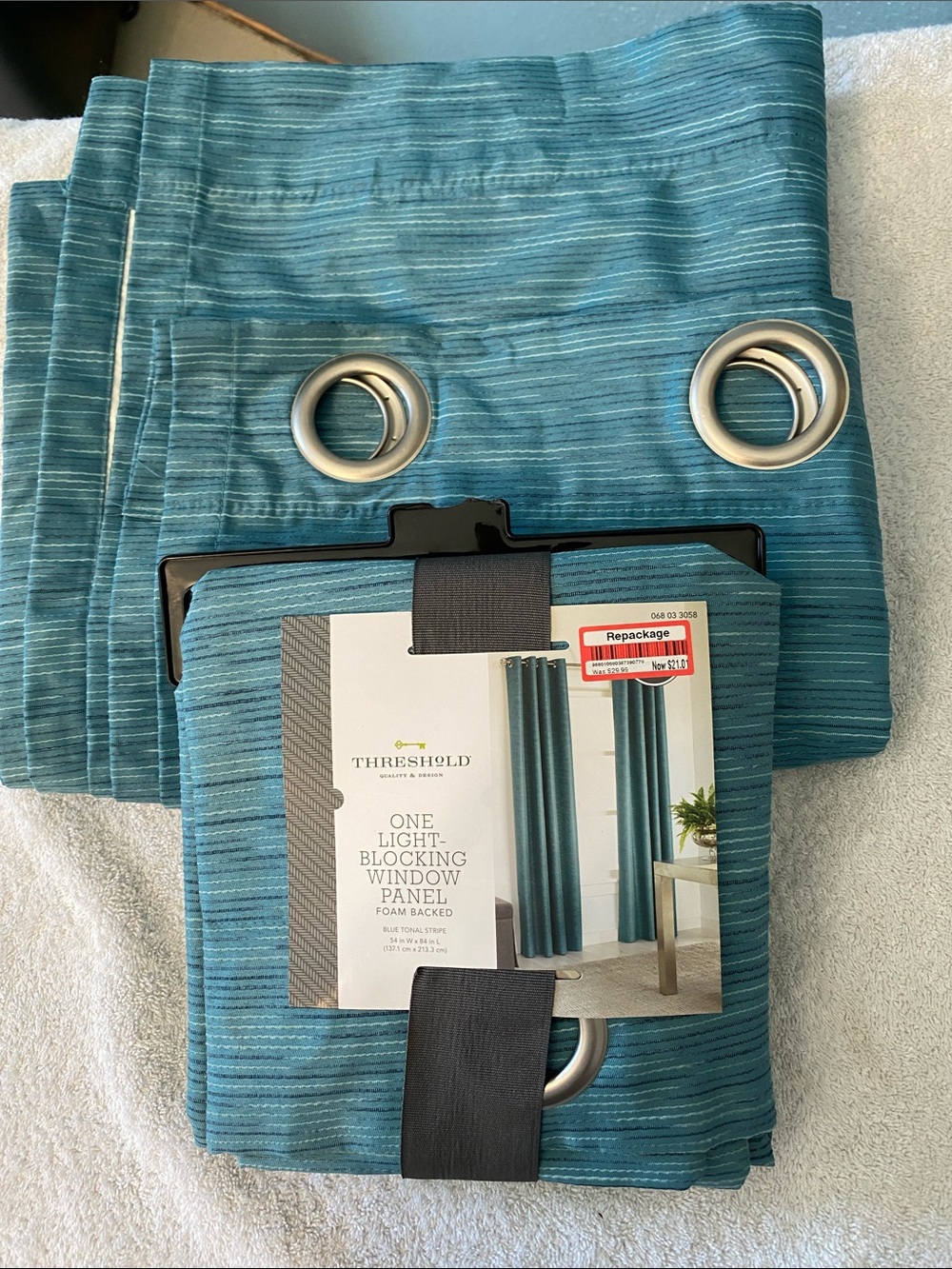 Threshold Teal Stripe Light-Blocking Curtain Panel with Grommets - Set of 2
